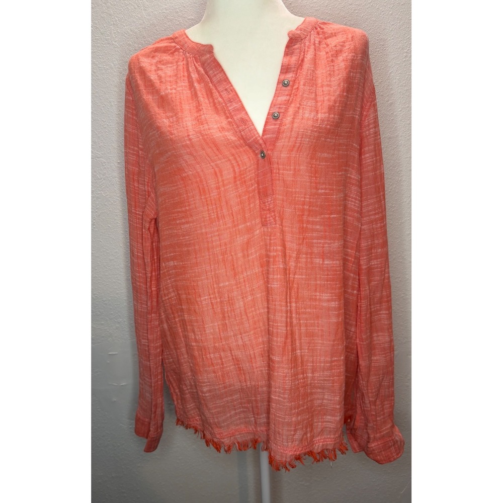 Caslon Cotton Gauze‎ Henley Tunic Womens Large Coral Excellent Fringe Hem Slub